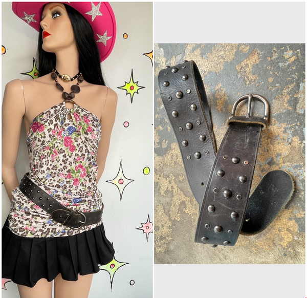 Brown Studded Leather Belt Western Boho Grunge Statement Belt 34-35"
