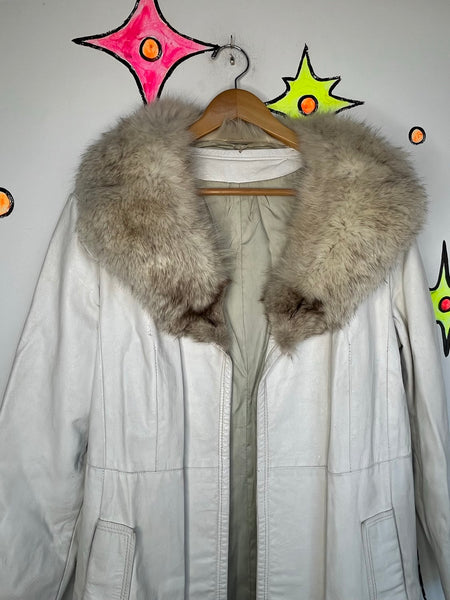 Vintage 70s White Leather Trench Coat Fur Collar Penny Lane Rockstar L