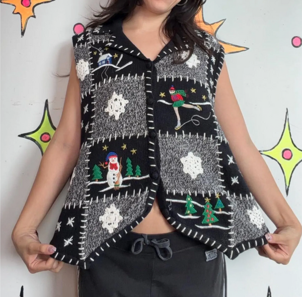 Vintage 80s 90s Embellished Ugly Christmas Knit Sweater X Mas Party Vest M