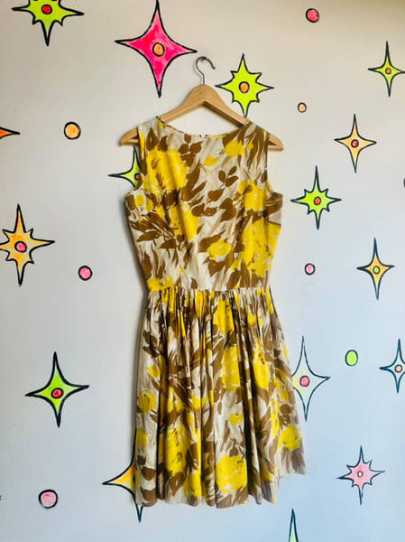 Vintage 1950s Yellow Rose Print Fit & Flare Dress Full Skirt Fairy Grunge | 5/6