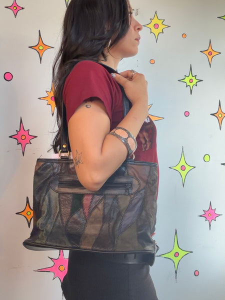 80s 90s Patchwork Leather Shoulder Bag Boho Goth Slouchy Purse Festival Hobo Bag