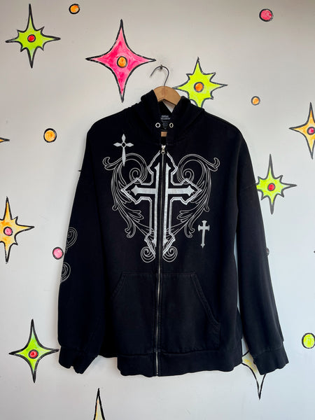 Vintage Y2K Black Mall Goth Grunge Fairy Tattoo Print Romantic Cross Hoodie XL+