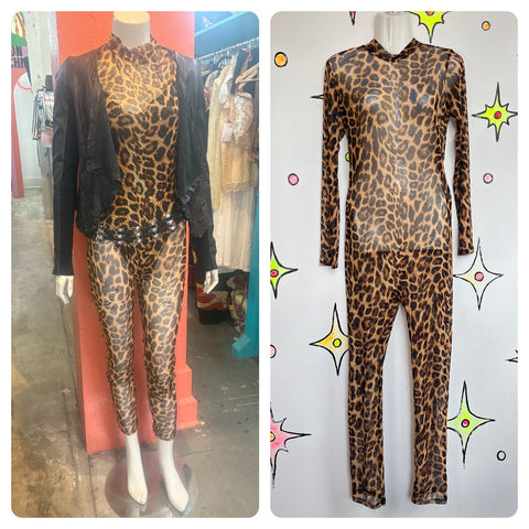 Vintage Y2K Leopard Sheer Stretch Catsuit | Catwoman Layering Bodysuit | S-M