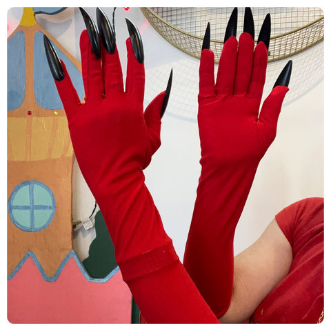 Red Devil Costume Gloves – Long Red Gloves with Black Nails – Cosplay Ready