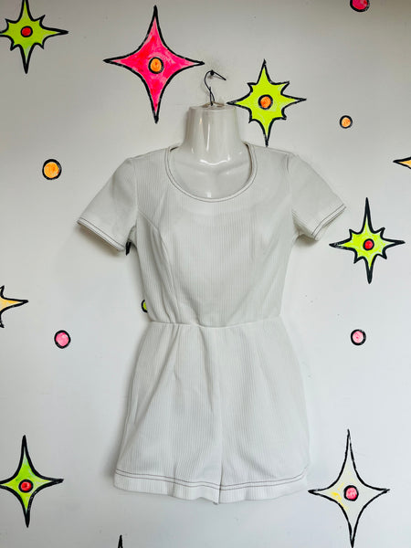 Vintage 1960s–70s White Ribbed Go-Go Mod Romper | Groovy Mini Playsuit | XS