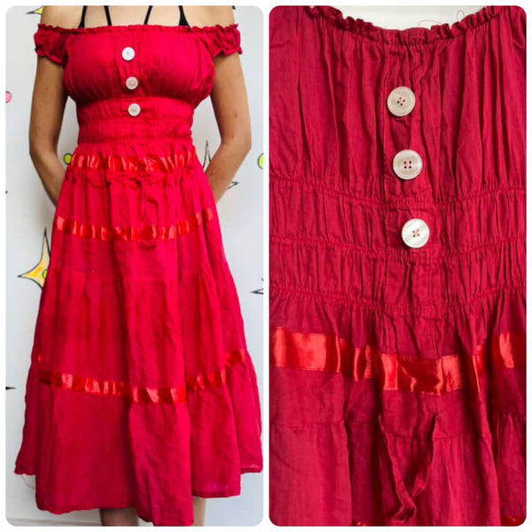 Vintage Red Off-Shoulder Boho Pirate Clown Dress – Flowy Cotton – Small