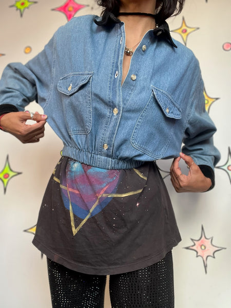 90s Grunge Denim Crop Top | Velvet Collar & Cuffs | Long Sleeve Button-Up (S)