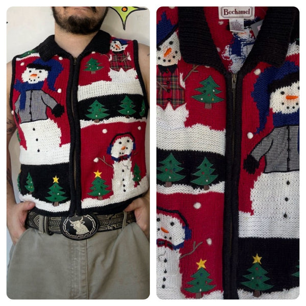 Vintage 80s 90s Retro Blue Snowman Zip Up Ugly Christmas Party Sweater Vest | S