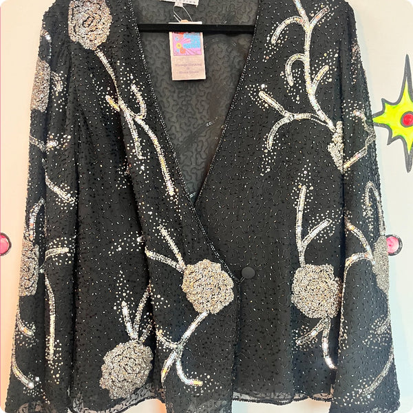 Vintage 80s/90s Black Beaded Blazer Silver Sequins Boho Glam Saks Fifth Avenue L