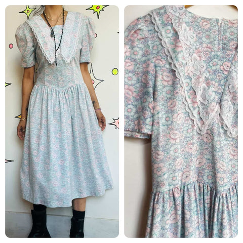 80s Pastel Cottagecore Dress Edwardian Lace Collar Babydoll Grunge – Small