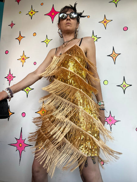Vintage Gold Fringe Flapper Dress 20s Gatsby Party Mini 60s GoGo Disco Costume M