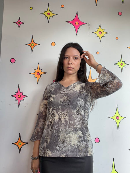 Romantic Goth Lace Mesh Gray Baroque Floral Sheer Whimsigoth Victorian Top M/L