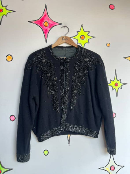 Vintage 1950s | Beaded Black Boho Grunge Whimsy Goth Wool Cardigan Sweater | S