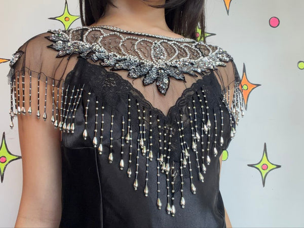 Vintage Beaded Fringe Flapper Western Collar Whimsigoth Glam Statement Cape