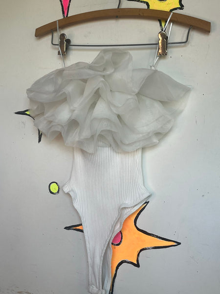 White Ruffle Cupcake Fluffy Bodysuit Dollcore Coquette Balletcore Strapless Top