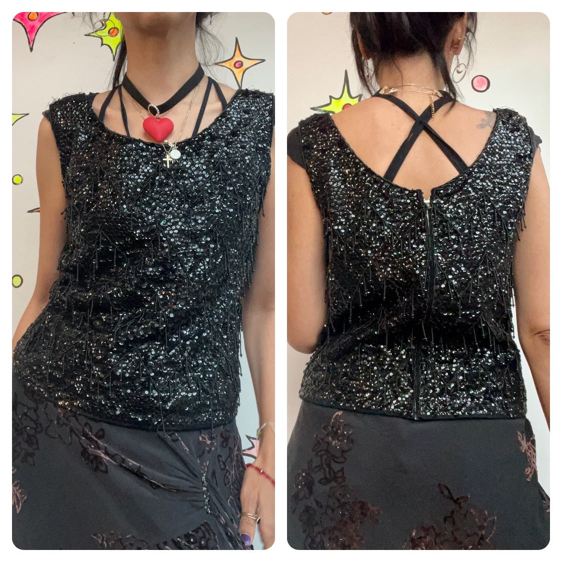 Vintage 1950s/60s Heavily Beaded & Sequin Flapper Blouse - Black Wool Top - S