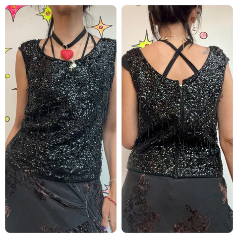 Vintage 1950s/60s Heavily Beaded & Sequin Flapper Blouse - Black Wool Top - S