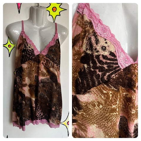 Vintage Y2k | Pink Lace Leopard Fairy Grunge Indie Sleaze Cami Camisole Top | M