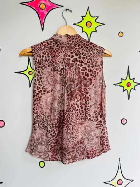 Vintage Nicole Miller Silk Pink Sheer Bow Neck Top | Leopard Print Fairy Grunge