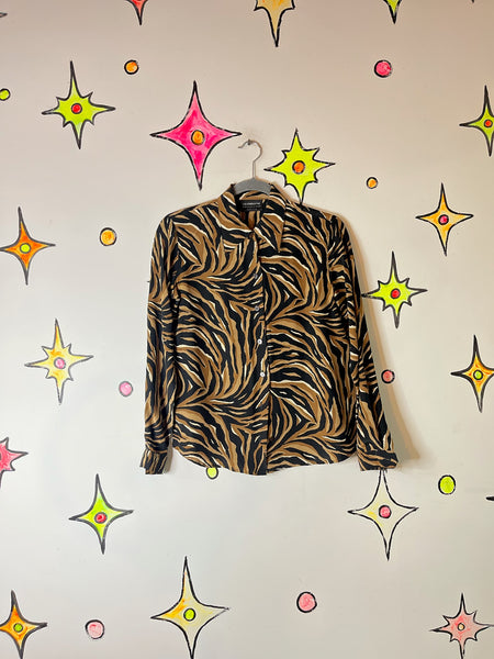 90s Liz Claiborne Silk Animal Print Tiger Stripe Long Sleeve Glam Blouse - Small