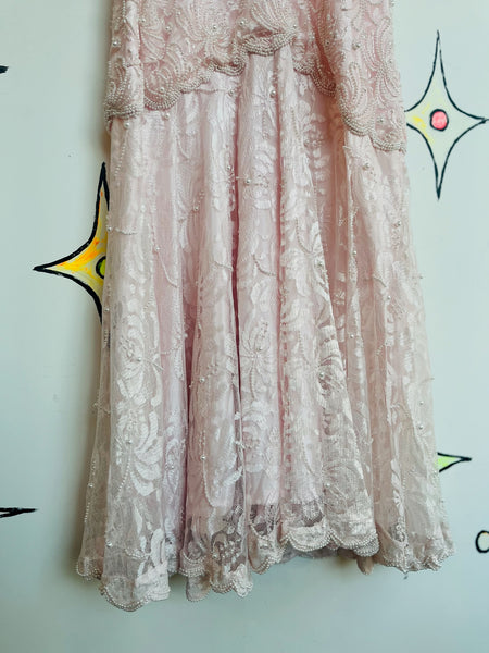 Vintage 80s Pink Pearl Beaded Lace Formal Gown Victorian Pastel Princess Dress M