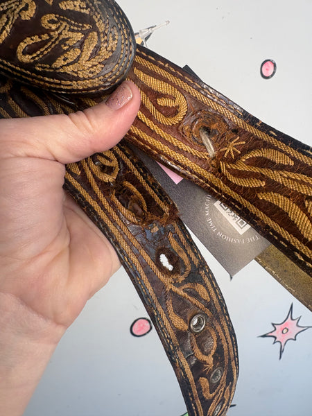Vintage Western Cowgirl Grunge Boho Brown Tooled Leather Belt 36-38" Waist