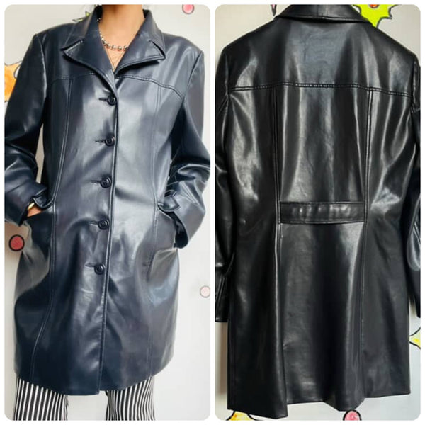 90s Navy Blue Vegan Leather Trench Coat - Clockhouse - Emo Grunge Revival UK 14