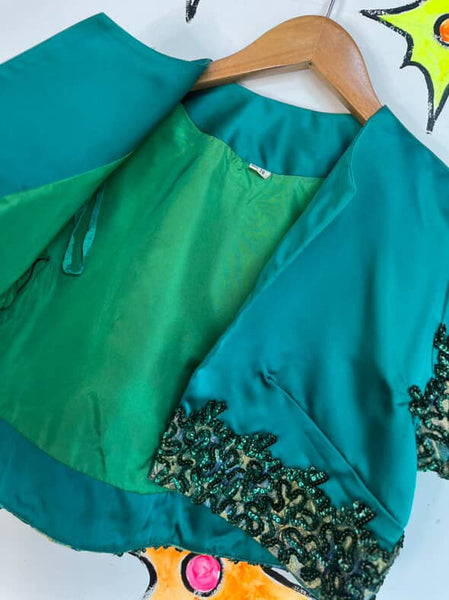 Vintage 40s Green Satin Sequined Cropped Bolero – Circus Costume Jacket – XS