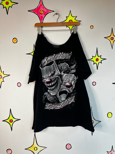 Y2K Tattoo Print Goth Grunge Clowncore Clown Mask Horror Thrashed Tee T Shirt - XL