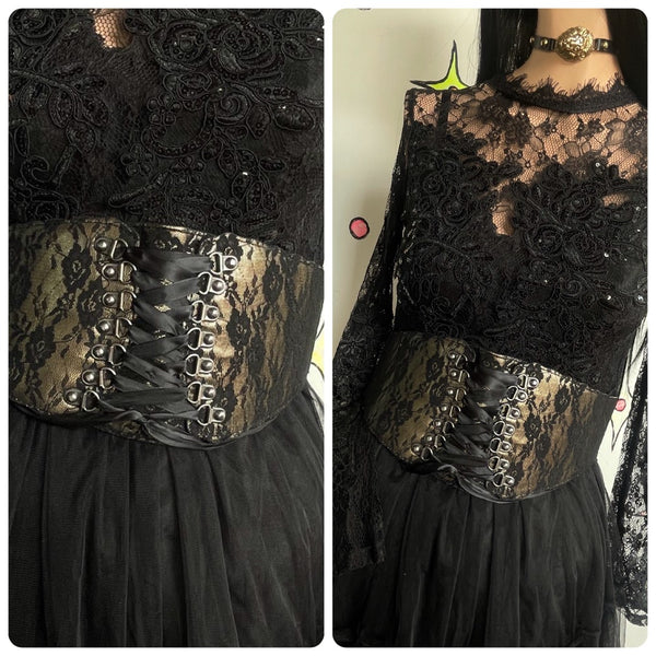 Black Gold Lace Waist Cincher Corset Belt Goth Glam Coquette Lace Up Waist Belt