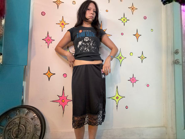 Vintage Black Nylon Half Slip | Lace Trim Lingerie Slip Skirt Fairy Goth M