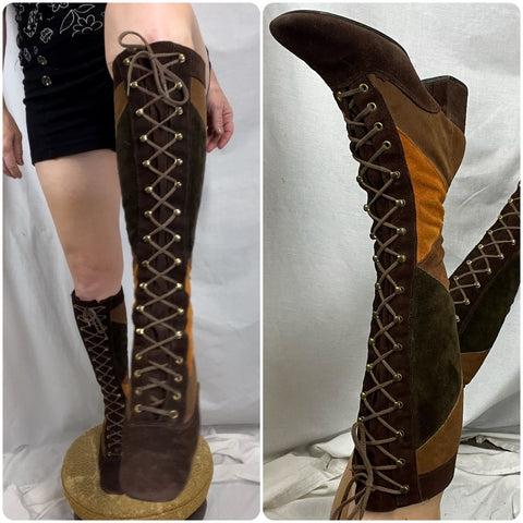 Vintage 60s 70s | Groovy Rare MOD Brown Patchwork Suede GoGo Boots | Size 6.5