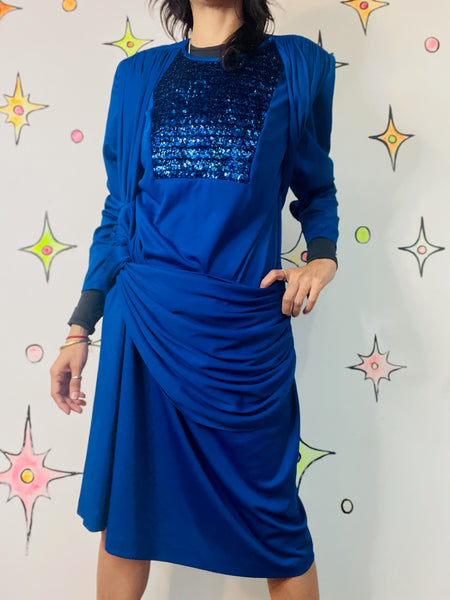 Vintage 80s Blue Glitter Sequin Party Dress ' Old Money Glam ' Shoulder Pads XL