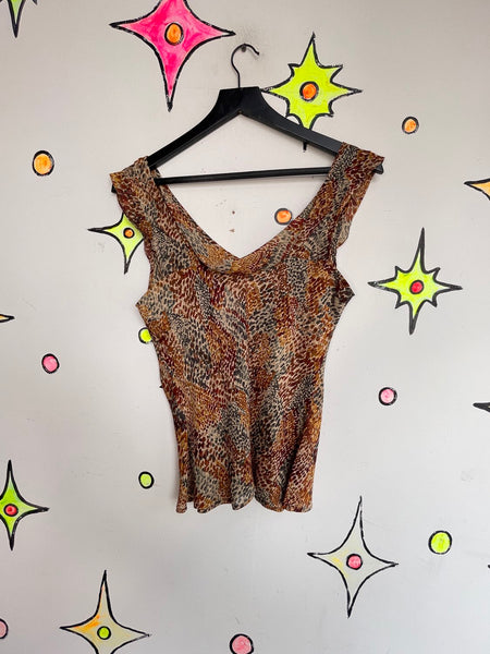 Y2K Silk Cowl Neck Top Snakeskin Print Glam Blouse Earth Tone Fairy Grunge M/L