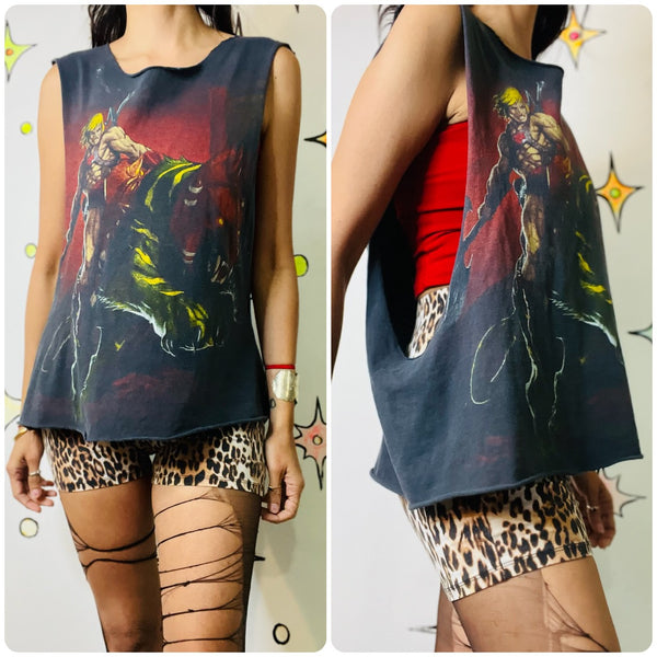 Vintage 80s He-Man Masters of the Universe Cut-Off Tee Retro Grunge Thrashed - M