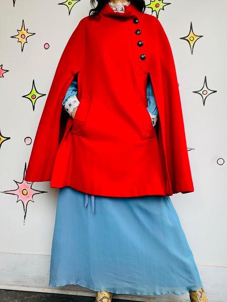 Vintage 60s Cherry Red Cape Coat | Heavy Warm Wool Feel Cloak | Mod Swing Cape