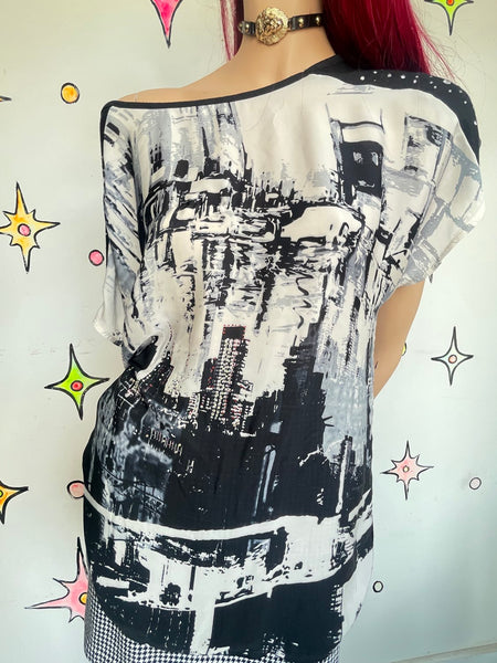 Y2K Graphic Skyline Top Oversized Indie Sleaze McBling Retro Club Glam L/XL
