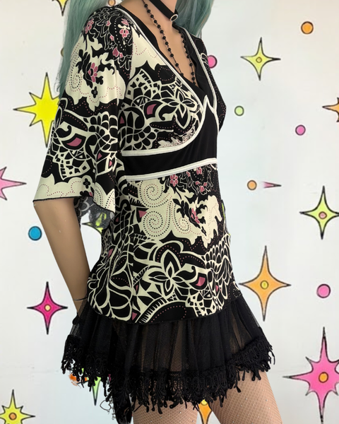 Y2K Studio Tattoo Print Bell Sleeve Stretchy Top Fairy Grunge Whimsy Goth M