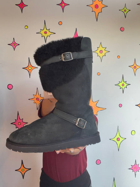 Y2K UGG Australia Sheepskin Genuine Leather Classic Black Winter Boots US 7