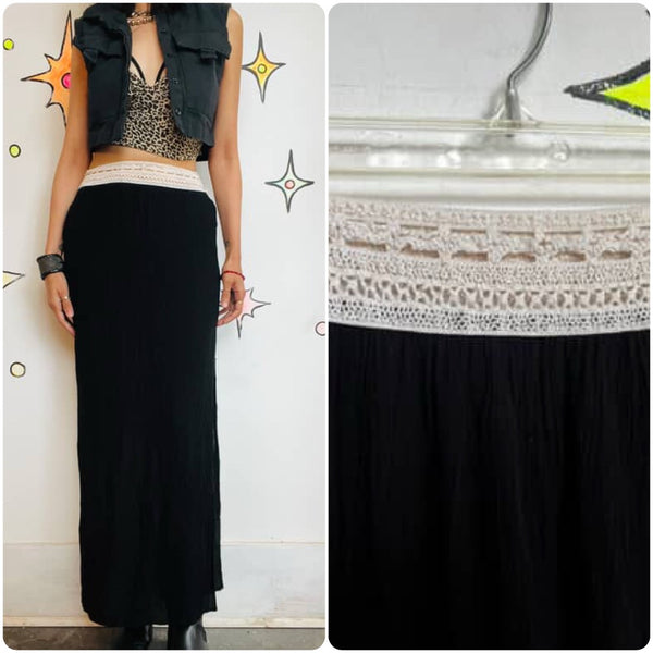 90s Y2K Black Boho Maxi Skirt w Side Slits & Crochet Waist band Fairy Grunge - S