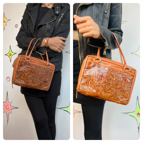 Vintage Boho Western Tooled Leather Satchel | 70s Style Floral Purse Handbag