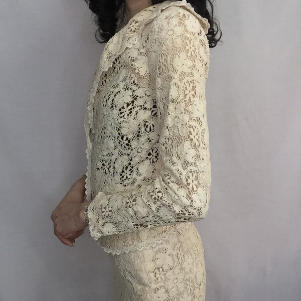 Vintage 40s 1950s | Off White Lace 2 Piece Suit Set Dress | XS