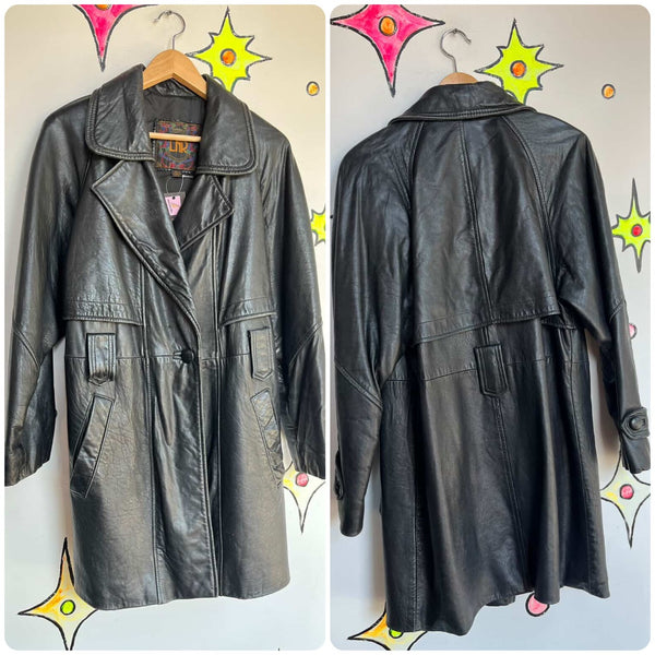 Vintage 80s 90s Black Leather Trench Coat | Goth Grunge Matrix Style | Small