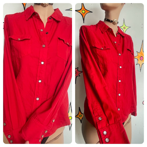 Red Pearl Snap Western Shirt Cowgirl Rodeo Button Up Boho Grunge Cotton Top - L