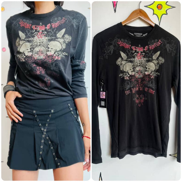 Y2K Grunge Tattoo Print Tee - Fairy Grunge Goth Distressed Vintage T Shirt - S