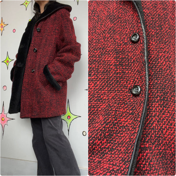 Vintage | Cozy Warm Red and Black 100% Alpaca Fleece Coat Old Hollywood Glam