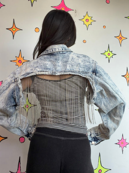 Acid Wash Cropped Denim Jacket | Y2K Bling Western Grunge Jean Jacket Small