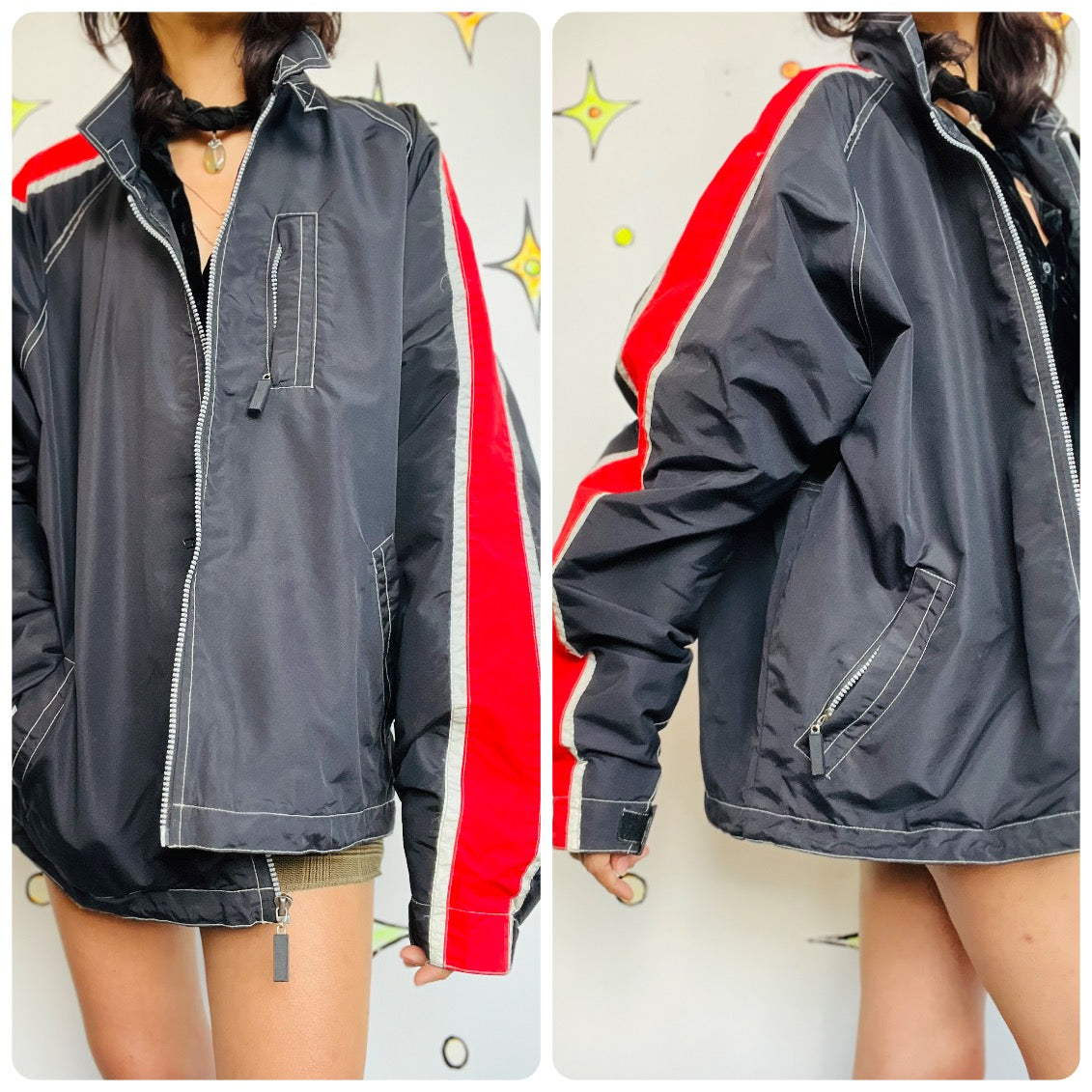 Vintage 90s Y2K Rave Wear Cyber Grunge Emo Party Track Jacket w/ Stripe | L