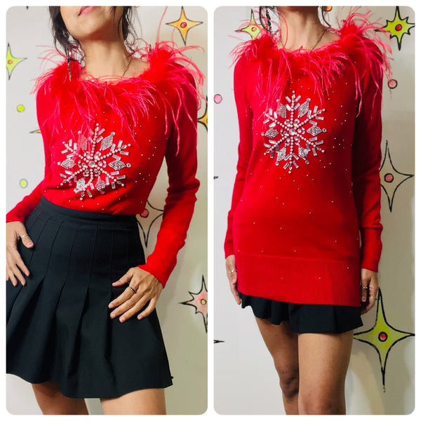 Vintage Y2K Red Ugly Christmas Sweater Snowflake Embellished Holiday Party - S