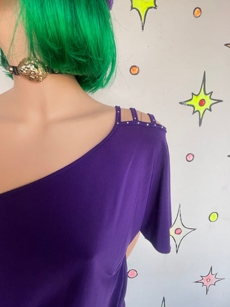 Purple Y2K Off The Shoulder Top Indie Sleaze Glam Stretchy Tunic Top XL
